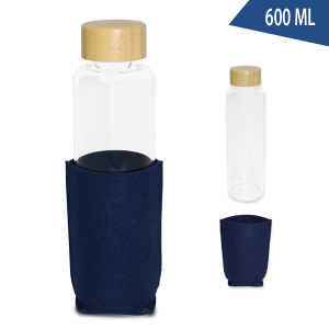 bouteille en verre à bouchon en bamboo avec pochette 600 ml – Image 3